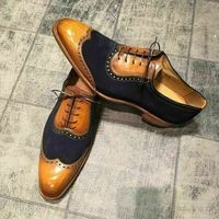 Handmade custom leather shoes for men Tan and blue two tone dress shoes - Thumbnail 4