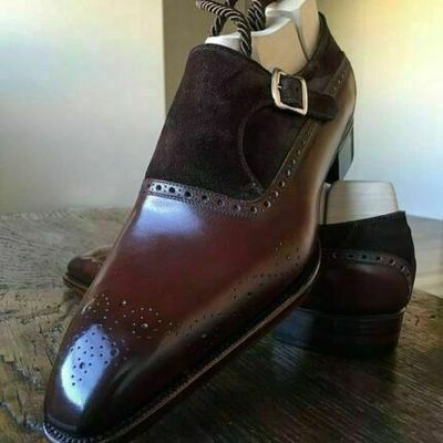 Men's burgundy single buckle strap monk burnished brogue toe suede leather shoes