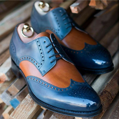 Handmade men two tone shiny blue brown brogue toe wing tip leather lace up shoes