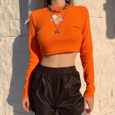 Flower embroidery high waist long sleeve orange top