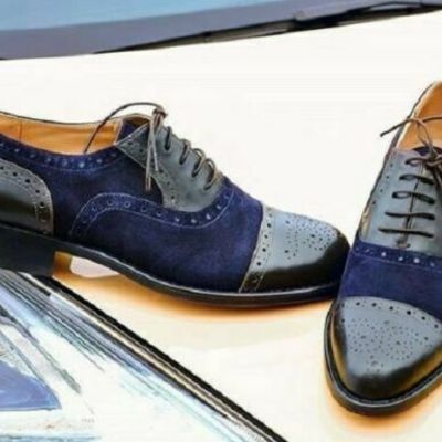 Handmade men’s leather suede lace up stylish shoes, men’s blue black cap toe