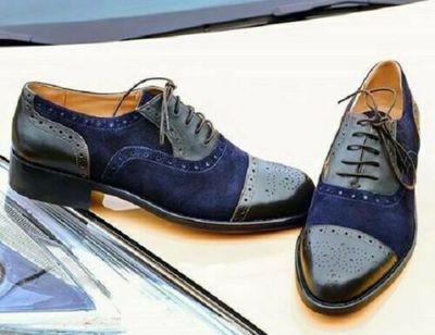 Handmade Men’s Leather Suede Lace Up Stylish Shoes, Men’s Blue Black Cap Toe