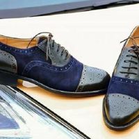 Handmade Men’s Leather Suede Lace Up Stylish Shoes, Men’s Blue Black Cap Toe - Thumbnail 1