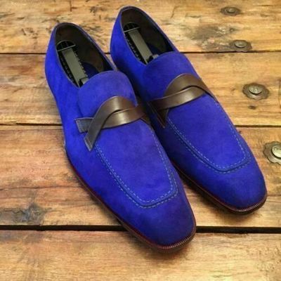 Handmade men's loafer shoes, royal blue suede shoes , men's moccasin dress shoes