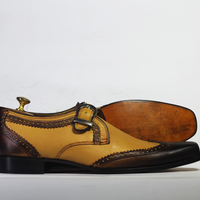 Handmade Tan & Brown Wing Tip Monk Steps Leather Shoes  - Thumbnail 1