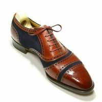 Men's Handmade Two Tone Navy Blue Suede Brown Cap Toe Lace up Leather Shoes - Thumbnail 1