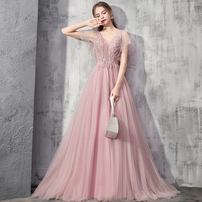Pink v neck tulle lace long prom dress - Thumbnail 4