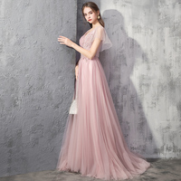 Pink v neck tulle lace long prom dress - Thumbnail 3