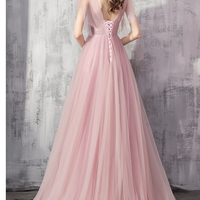 Pink v neck tulle lace long prom dress - Thumbnail 4