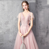 Pink v neck tulle lace long prom dress - Thumbnail 1