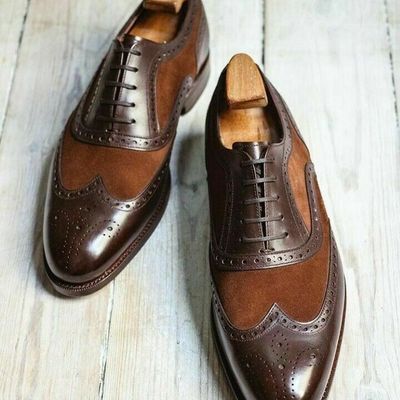 Mens handmade classic brown wing tip lace up formal dress leather shoes