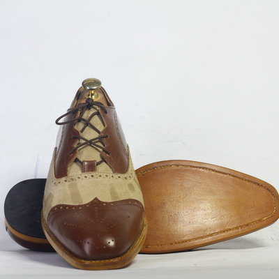 Handmade beige & brown wing tip  lace up leather & suede shoes for men's - Thumbnail 4