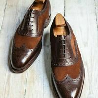 Mens Handmade Classic Brown Wing Tip Lace Up Formal Dress Leather Shoes - Thumbnail 1