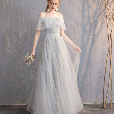 Gray tulle prom dress simple evening dress - Thumbnail 5