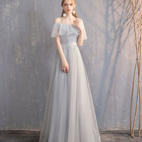Gray tulle prom dress simple evening dress - Thumbnail 2