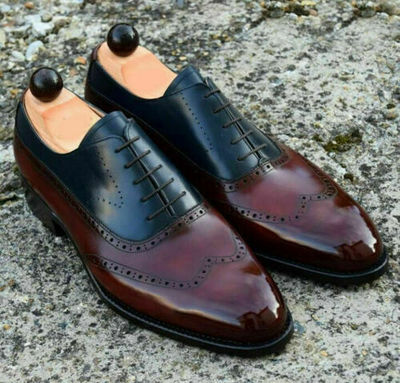 Men's Handmade Two Tone Black Maroon Wing Tip Lace Up Formal Dress Leather Shoes