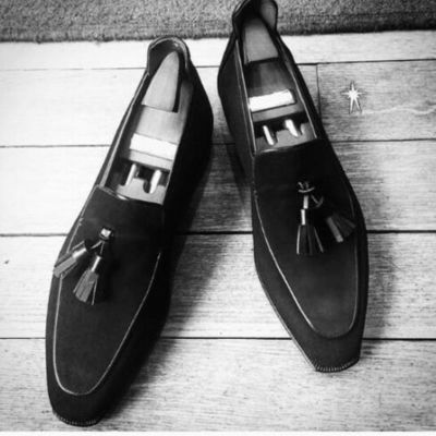 Handmade men black suede tassels shoes, men black loafer suede moccasins