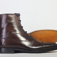 Handmade Chocolate Brown Cap Toe Ankle High Leather Lace Up Boot For Men's - Thumbnail 1