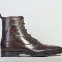 Handmade Chocolate Brown Cap Toe Ankle High Leather Lace Up Boot For Men's - Thumbnail 2