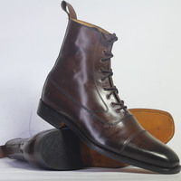 Handmade Chocolate Brown Cap Toe Ankle High Leather Lace Up Boot For Men's - Thumbnail 4