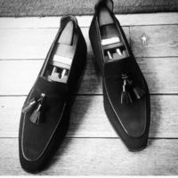 Handmade Men black Suede Tassels shoes, Men black Loafer suede moccasins - Thumbnail 4