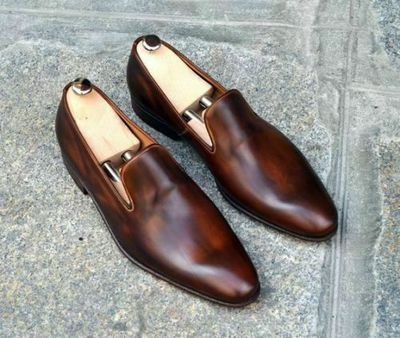 Handmade Men's Genuine Brown Leather Moccasins Wedding Loafers & Slip On Shoes