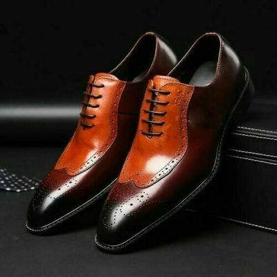 Men's handmade two tone brown & tan oxfords lace up formal dress leather shoes