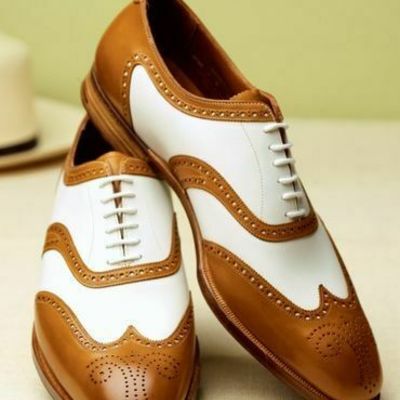 Handmade two tone white & brown oxford wingtip genuine leather lace up shoes