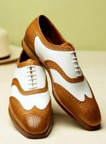 Handmade Two Tone White & Brown Oxford Wingtip Genuine Leather Lace Up Shoes