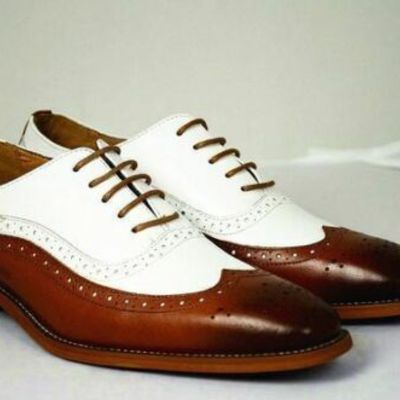 New handmade oxford spectator wingtip shoes, men's brown & white dress shoes
