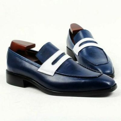 Men,s White Blue Handmade Leather Moccasins Men White Blue Loafer Slip Ons Shoes