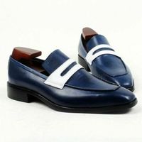 Men,s White Blue Handmade Leather Moccasins Men White Blue Loafer Slip Ons Shoes - Thumbnail 1