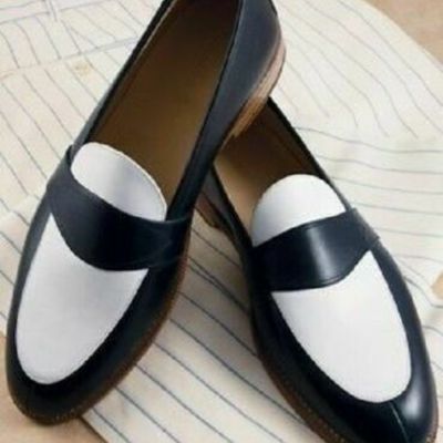 Handmade men navy blue and white leather shoes, men slip ons men spectator shoes