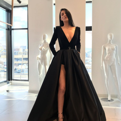 Vintage a-line black v-neck sexy long sleeve prom dresses with slit  - Thumbnail 5