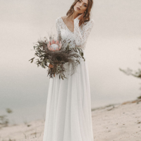 Elegant V Neck Backless Lace Wedding Dresses, Chiffon A Line Bridal Dresses - Thumbnail 1