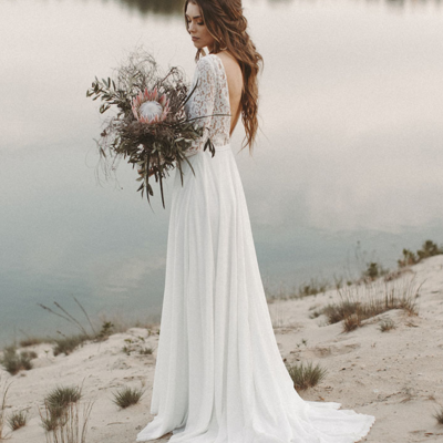 Elegant v neck backless lace wedding dresses, chiffon a line bridal dresses - Thumbnail 4