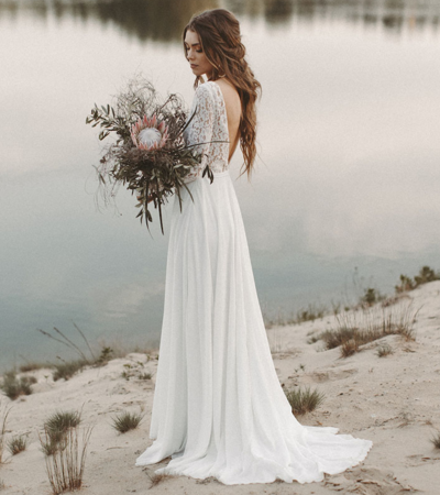 Elegant V Neck Backless Lace Wedding Dresses, Chiffon A Line Bridal Dresses