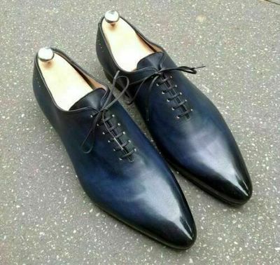 Men's Oxford Blue Genuine Leather Burnished Pointed Derby Toe Handmade Shoes