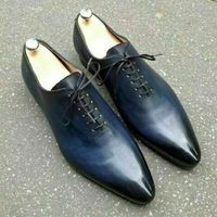 Men's Oxford Blue Genuine Leather Burnished Pointed Derby Toe Handmade Shoes - Thumbnail 4