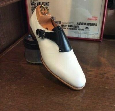 New Handmade Men Black & White Leather Shoes with Buckle