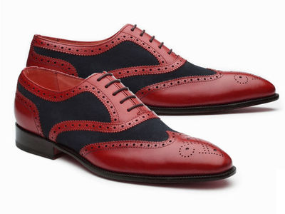 Handmade Shoes Designer Wingtip Brogue Tuxedo Red Black Leather Fashion Shoes