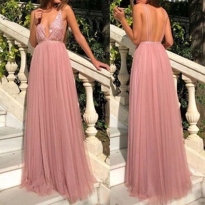 Deep V Neck Long Prom Dresses with Beaded
