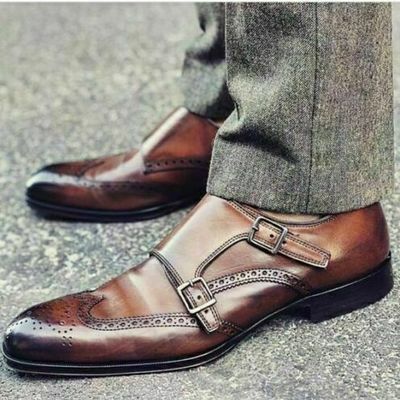 Handmade men formal shoes leather brown double monk oxford brogue wingtip boots