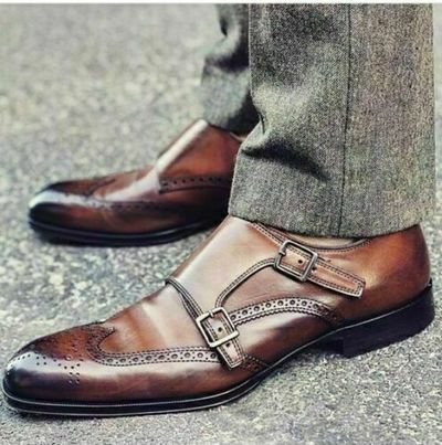 Handmade Men Formal Shoes Leather Brown Double Monk Oxford Brogue Wingtip Boots