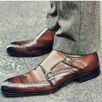 Handmade Men Formal Shoes Leather Brown Double Monk Oxford Brogue Wingtip Boots - Thumbnail 1