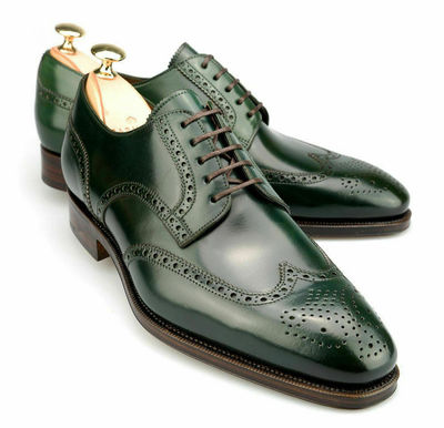 Handmade men derby green shoes, dress formal leather shoes, wingtip brogue shoes