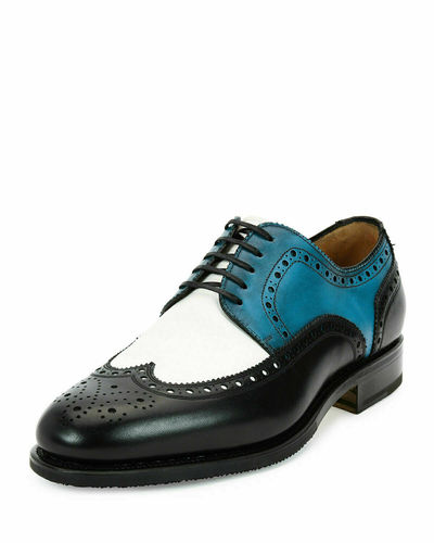 Three Tone White Blue Black Handmade Men Wingtip Party Wear Leather Shoes