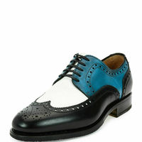Three Tone White Blue Black Handmade Men Wingtip Party Wear Leather Shoes - Thumbnail 1