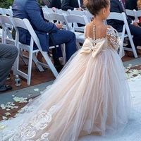 Cute Off the Shoulder Long Sleeves Lace Flower Girl Dresses with Train, 2020 Flower Girl Dresses - Thumbnail 1