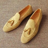 Handmade Beige Suede Moccasin Slipper Tussle Leather Dress Formal Office Shoes - Thumbnail 4